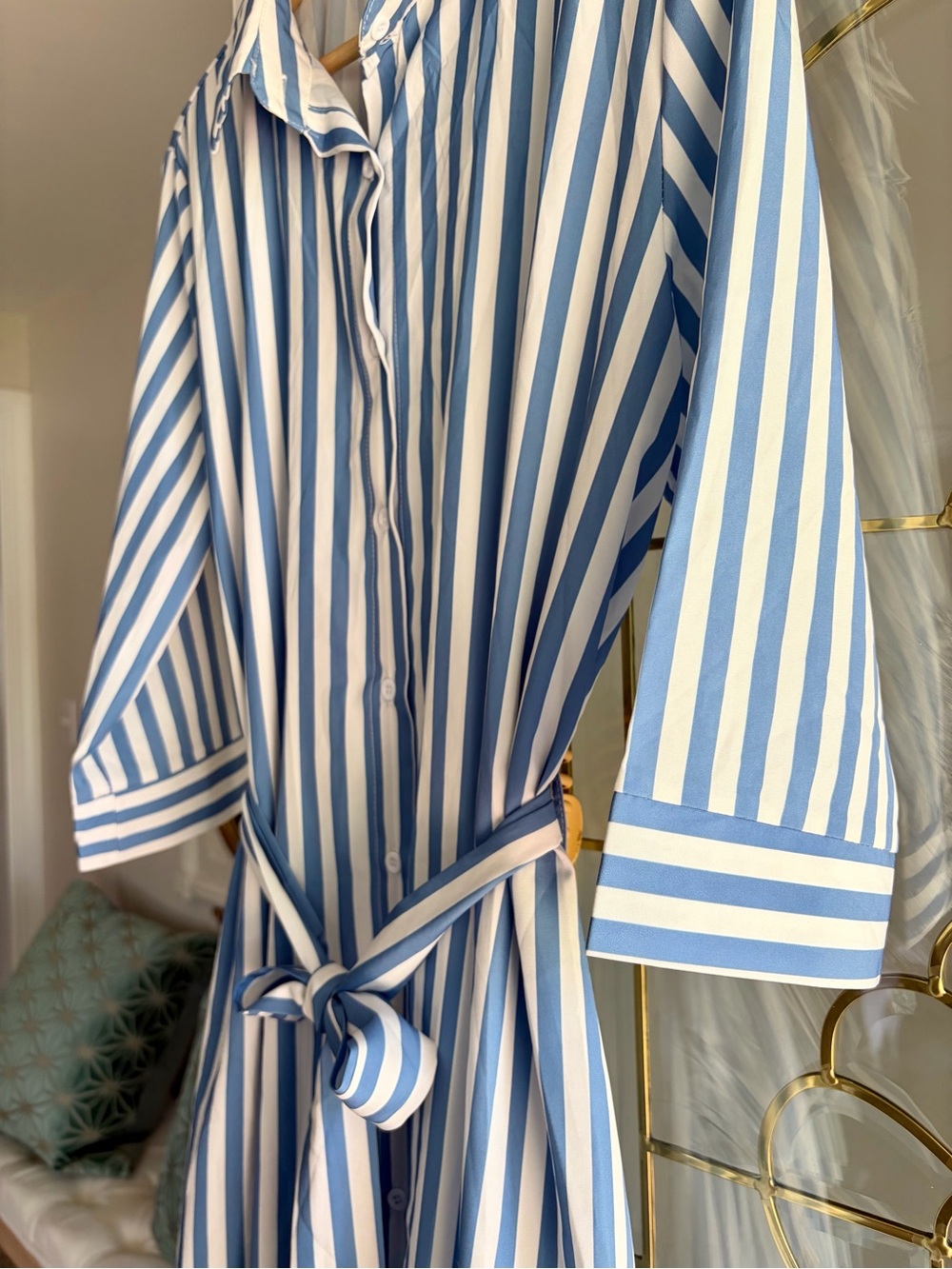 Striped Blue and White Tie-Waist Shirt Dress - Picture 6 of 10